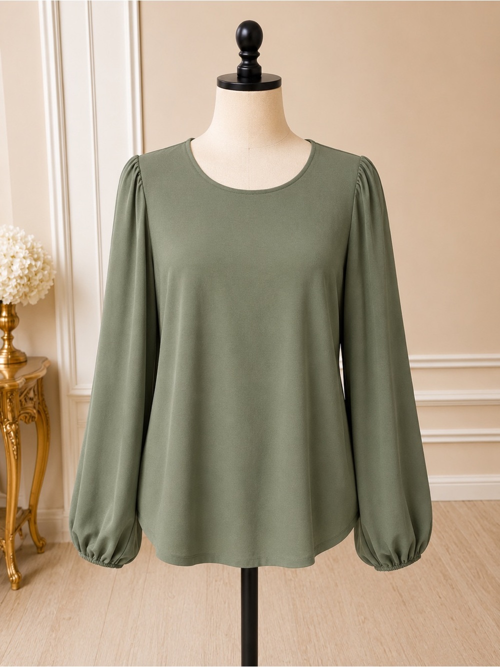 Nine West Olive Green Long Sleeve Puff-Sleeve Blouse